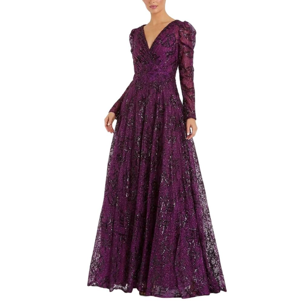 Mac Duggal 20353 Purple Evening Gown Sequined Lace Long Sleeve Dress Size 12